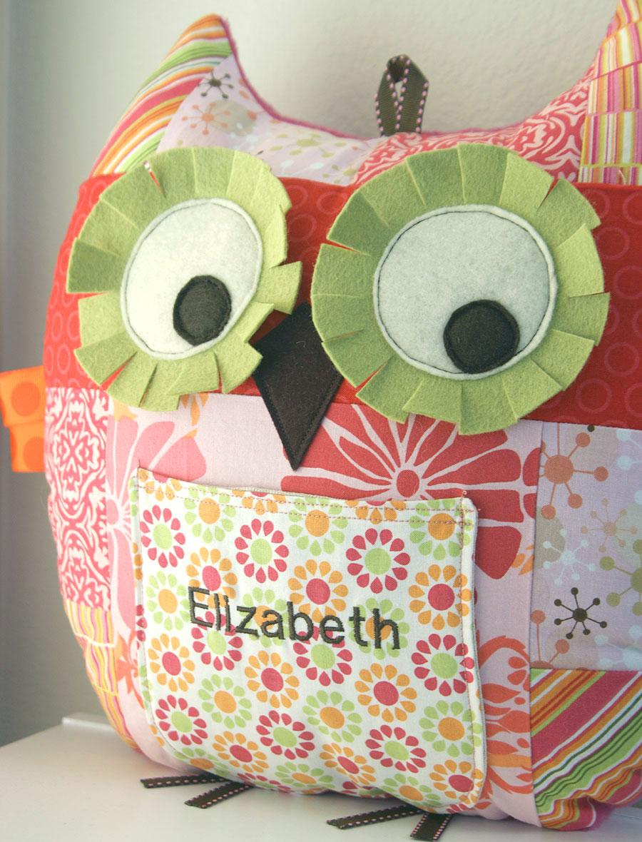 large pretty in pink patchwork owl pillow with front pocket and personalized name