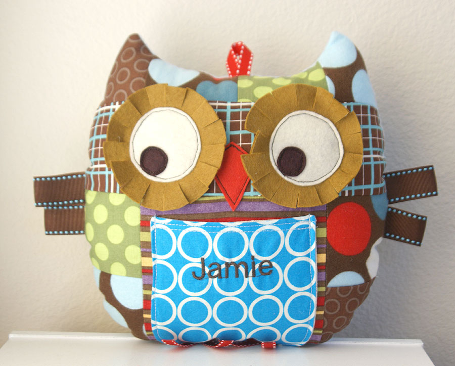 Personalized Patchwork owl pillow plushie for boy