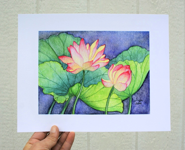 Lotus flowers watercolour painting art print