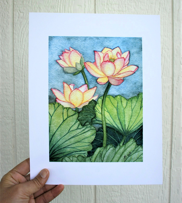 Lotus flowers watercolour art print